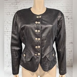 TRINA YOUNG Vtg 80s 90s Black Genuine Leather Silver Buttons Jacket M